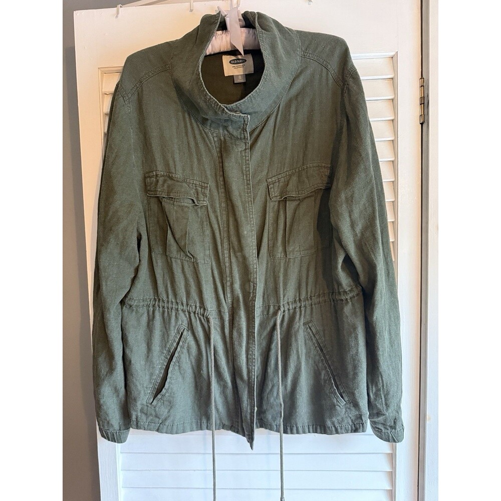 Old Navy Olive Green Military Utility Jacket XL Funnel Neck Linen Blend Fall